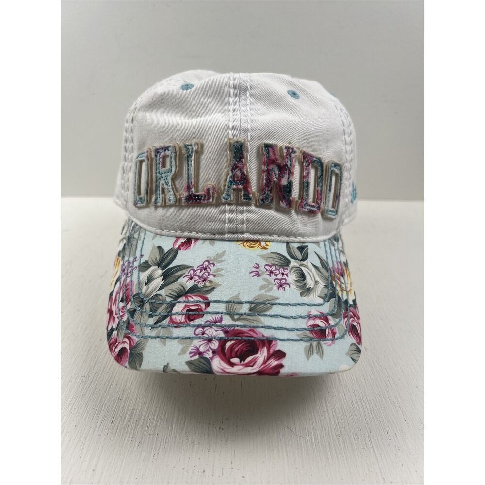 Orlando Florida‎ Floral Hat By Essential Cap Adjustable Strap Back FL White